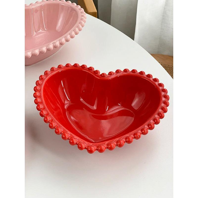 Kreative Rosa Perlenpunkte Keramik Herz Speiseteller Geschirr Haus Dessert Kuchenplatte Porzellan Salatteller Küchenutensilien Neu