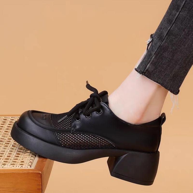 Damen Pumps mit dicker Sohle, Plateau-Schuhe, Frühling, Pu-Leder, High Heels, Loafer, Frau, runde Zehenpartie, Schnürung, atmungsaktiv, hohl, einzelne Schuhe