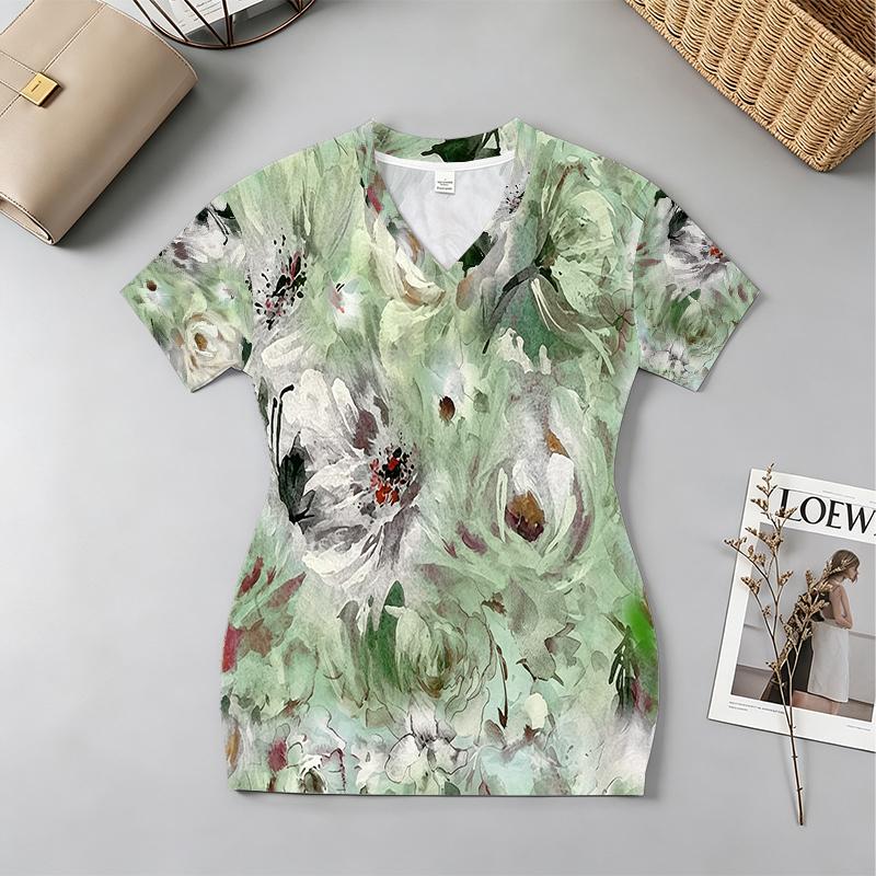 Short Sleeve V-Neck Floral Bodycon Mini Skirt - Soft, Fresh, Comfortable, Ideal for Beach Vacation, Loungewear & Daily Casual Wear