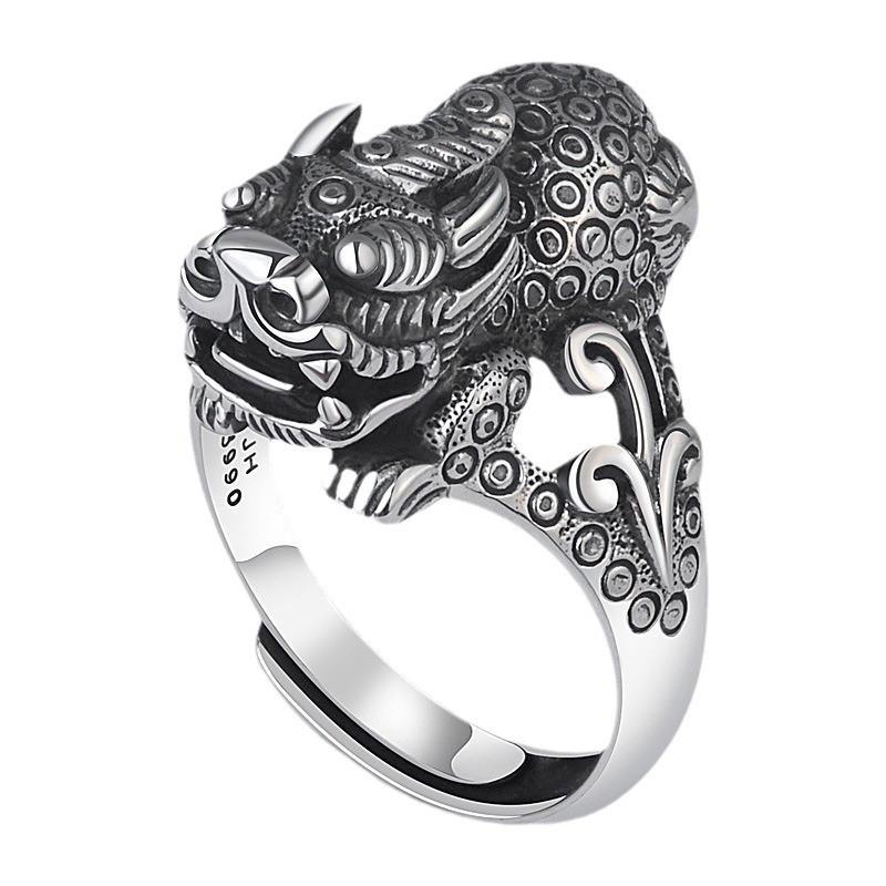 Adjustable Open Ring Men Women Plated Lucky Pixiu Charm Wide Band Statement Retro Ethnic Style