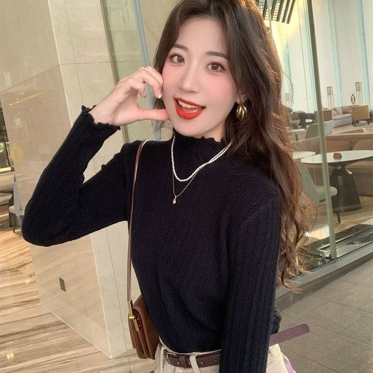 Undercoat for Women Half High Neck Black Fungus Edge Knitted Sweater Long Sleeved Thin Sweater Fashionable and Cute