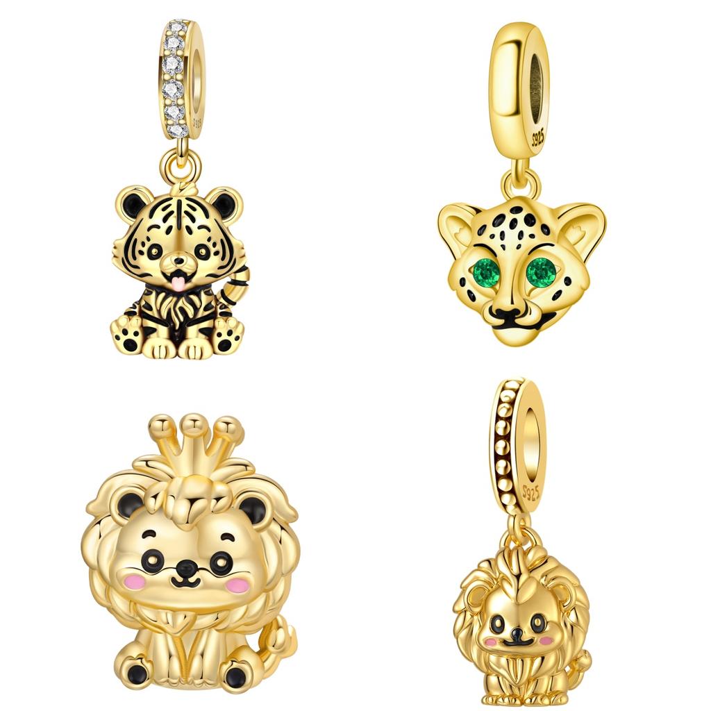 Orstarry S925 Silver Charm Cute Animal Lion Tiger Leopard Pendant Gold-plated For Bracelet DIY Jewelry Making Gift