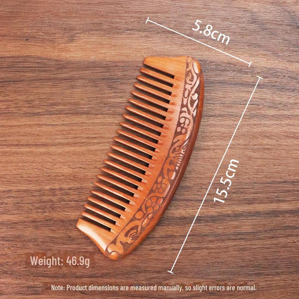 Double-Sided Carved Peach Wood Comb - Dense Teeth, Compact Size, Premium Solid Wood for Hairdressing.