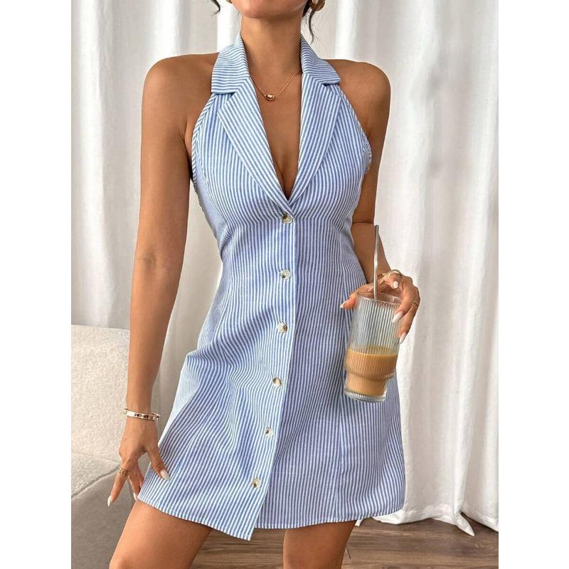 Summer Halter Strap Bow Striped Beach Shirt Dress Single-row Button Printed Backless A-shaped Sexy Suspender Party Dress Slim Mini Dress for Women