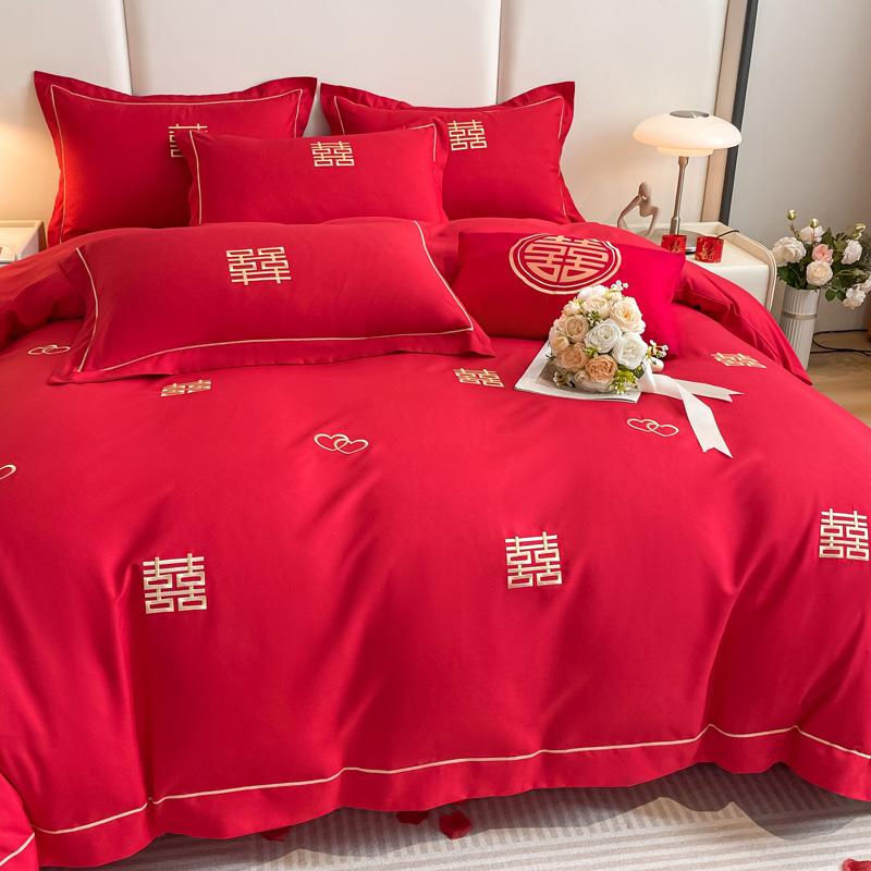 Clever Plan for Washing Cotton Wedding Four Piece Set, Red Embroidery Wedding Four Piece Set, Festive Wedding Four Piece Set