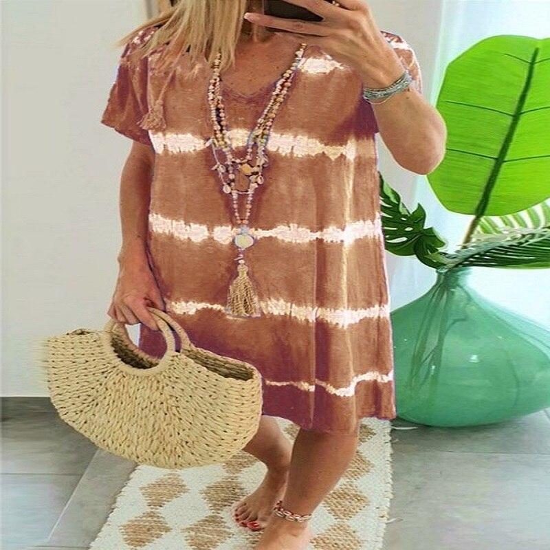Short Sleeve Beach Tie Dye Printed Pullover Dress Women Summer V Neck Dress Loose Casual Pullover Midi Dress