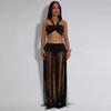 European & American Fashion Women's Sexy Strappy Top and Tassel Long Skirt Two-Piece Set