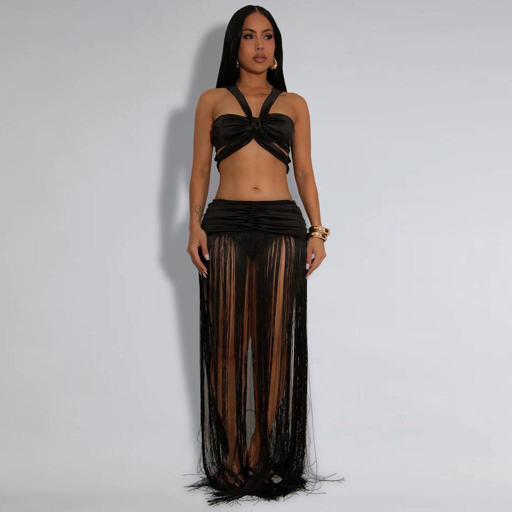 European & American Fashion Women's Sexy Strappy Top and Tassel Long Skirt Two-Piece Set