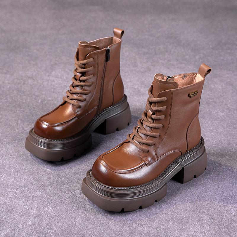 The First Layer of Cowhide Martin Boots for Women In the Autumn and Winter of 2025, the New Retro Lace-up Leather Thick-soled Muffin Leather Boots for