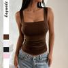 Women's Brown Square Neck Ruched Tank Top Form-Fitting Sleeveless Casual Cami