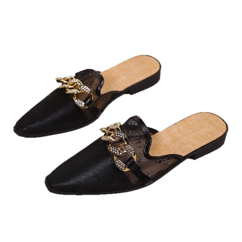 Baotou half slippers women's summer new mesh lace outer wear flat bottom metal chain one pedal cool slippers large size