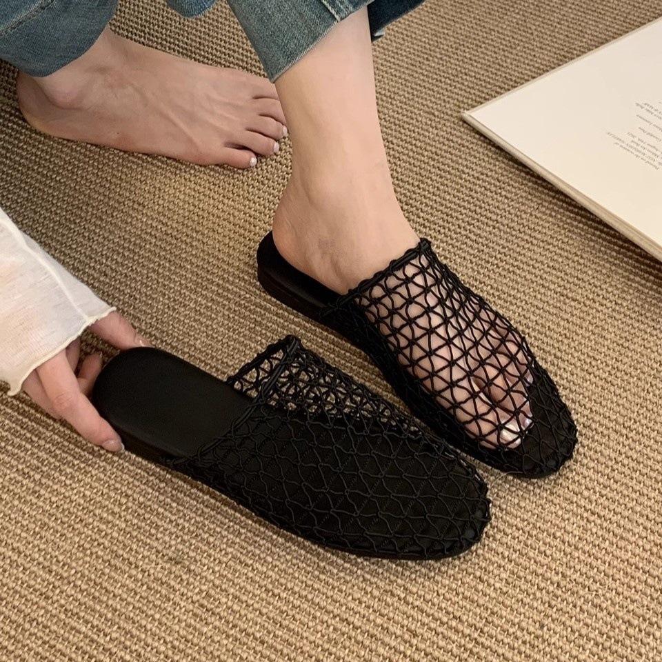 Retro new mesh hollow breathable cool slippers fishing net woven bag head half drag flat muller shoes Roman sandals