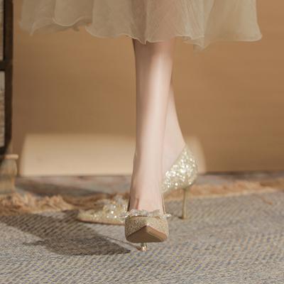 Les talons hauts ne fatiguent pas les pieds, paillettes de soie, chaussures à fleurs, talons fins, chaussures pour femmes, chaussures simples pointues polyvalentes, sandales, été pour femmes