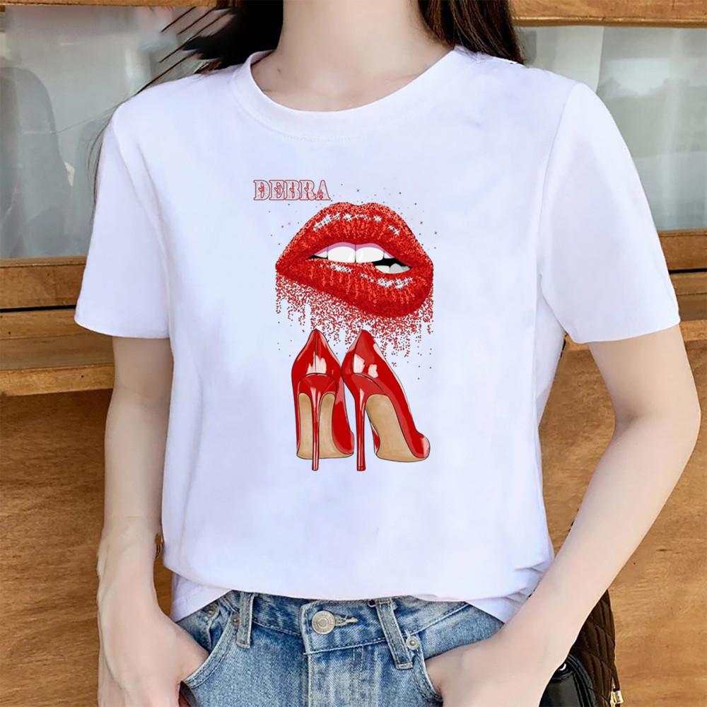 Summer Sexy Lip Print Short Sleeve Tshirt Womens Fashion Graphic Top High Street Slim Fit Modal Fabric
