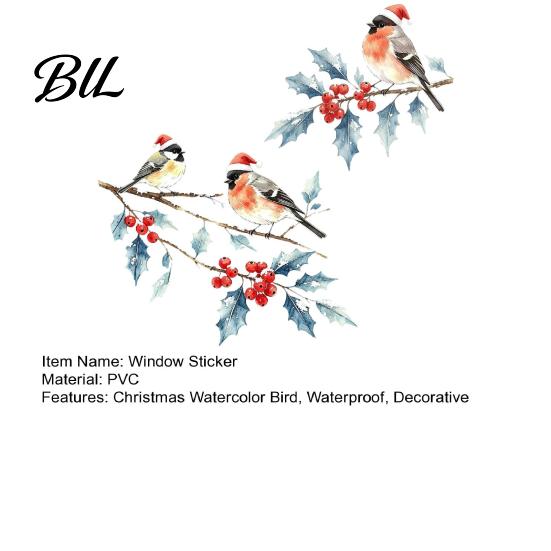 Indoor Outdoor Glass Stickers Christmas Watercolor Bird Window Sticker, Santa Hat On Beey Waterproof PVC Film Branch Static Decal, Cling for