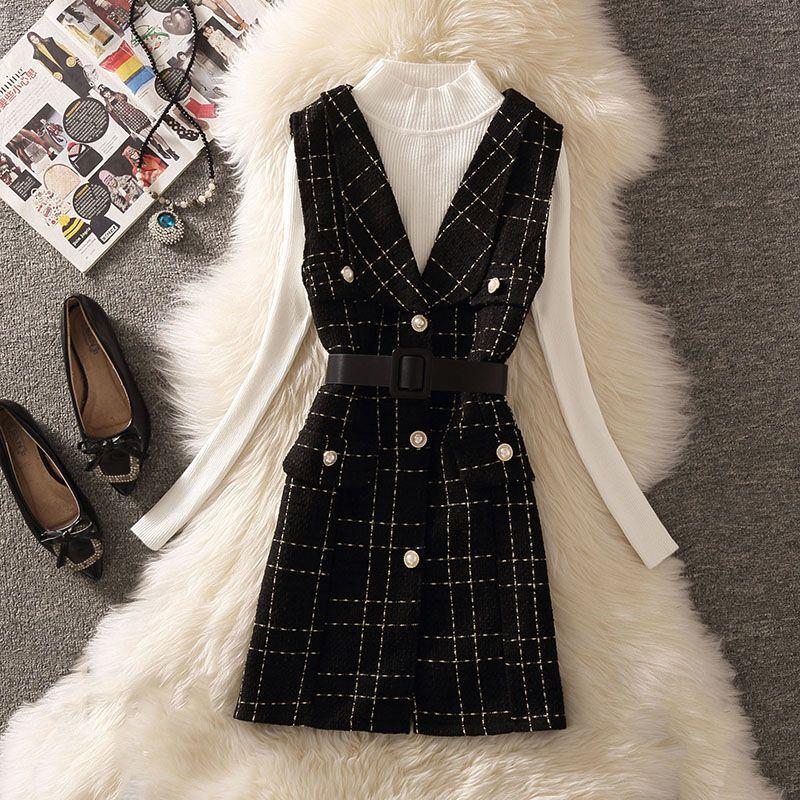 Vintage Mid Length Plaid Tweed Vest Jacket Women's 2-Pack Button Belt Vest and Knit Sweater