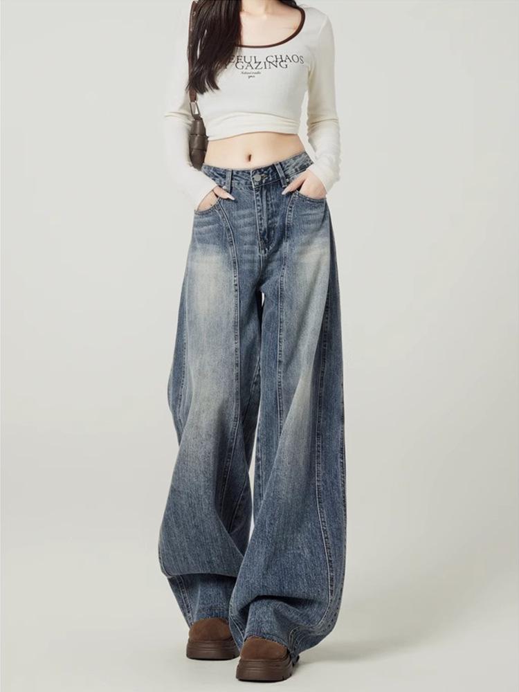 Women s Retro Blue High-Waist Wide-Leg Jeans - Spring 2025 Collection Extra Small