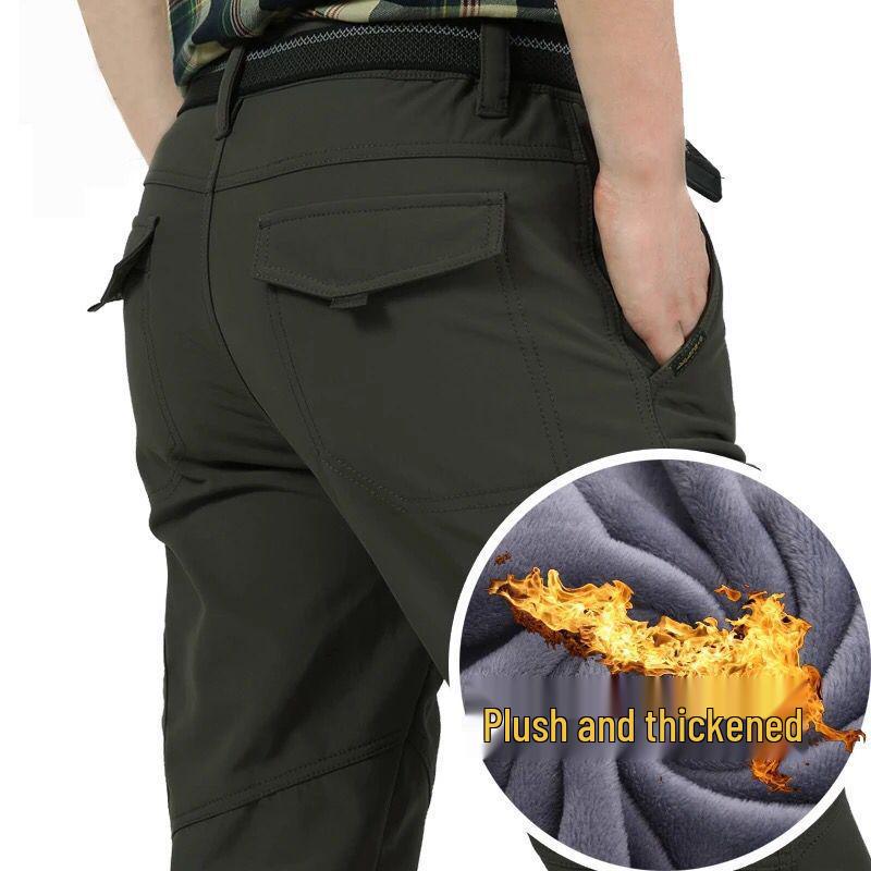 In Stock Men's Quick-Dry Winter Outdoor Multi-Pocket Ski Pants, Plus Velvet Thick Straight-Leg Windproof Long Pants