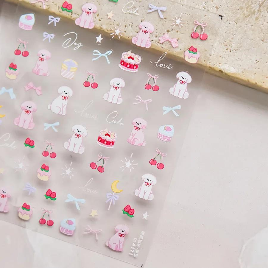 5D Pudding Jelly Dessert Fruit Cherry Pink Claw Print Bowknot Tie Knot Love Heart Stars Nail Art Sticker Adhesive Manicure Decal
