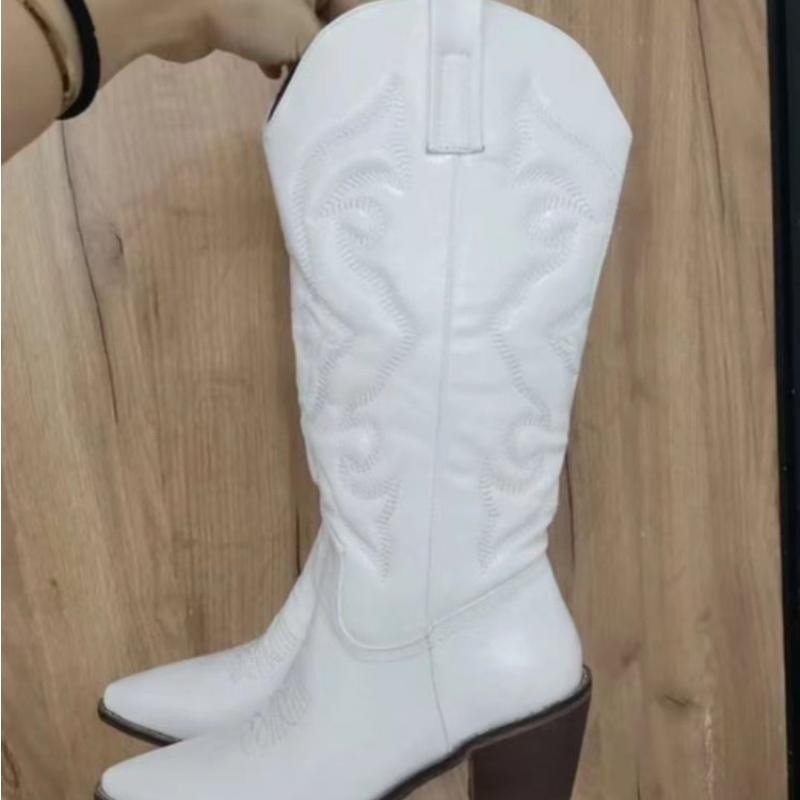 

Модные женские 2023 ковбойские короткие ботильоны для женщин, ковбойские сапоги на массивном каблуке, ботинки в стиле вестерн до середины икры с вышивкой, хит продаж 43 белый