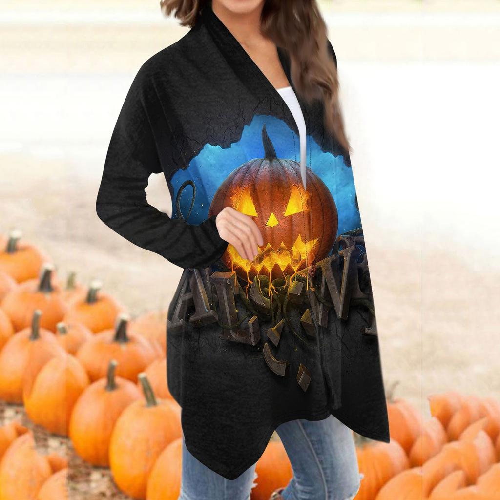 Women's Fashion Casual Halloween Print Medium Length Cardigan Jacket Coat