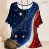 Women Plus Size Round Neck Batwing Short Sleeve Top Star Planet Cosmic Wave Print Loose Casual Tunic Blouse