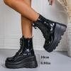 Punk Style Chunky Platform Ankle Boots Women Fashion Patent Leather Wedge Heel Combat Boots Woman Black Thick Sole Gothic Shoes