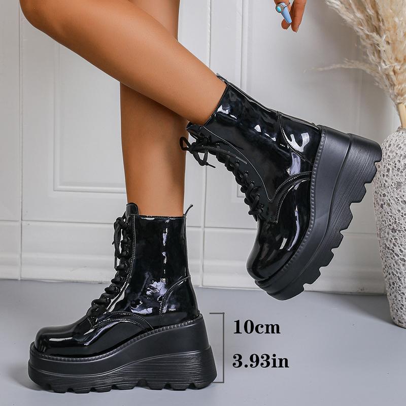 Punk Style Chunky Platform Ankle Boots Women Fashion Patent Leather Wedge Heel Combat Boots Woman Black Thick Sole Gothic Shoes