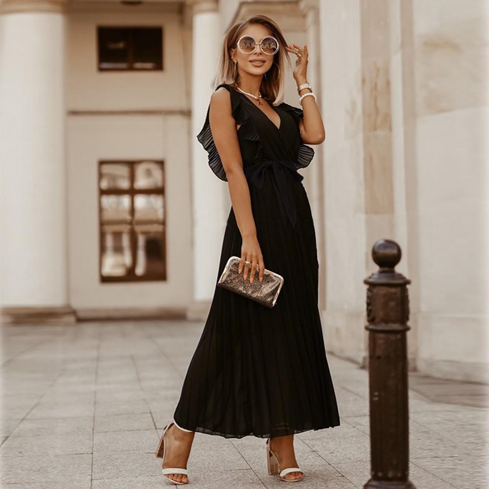 Mode Elegant Einfarbig Plissiert Kleider Damen V-Ausschnitt Hohe Taille Schnürung Rüschenärmel Chiffon Langes Kleid Weiblich Vestidos