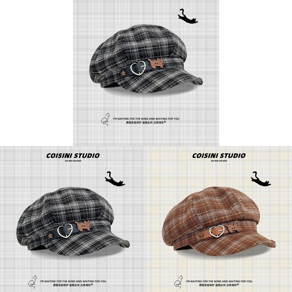 Vintage Καρό Γάτα Καρδιά Πόρπη Ζώνης Καπέλο Newsboy Για Φθινόπωρο Χειμώνα Μόδα