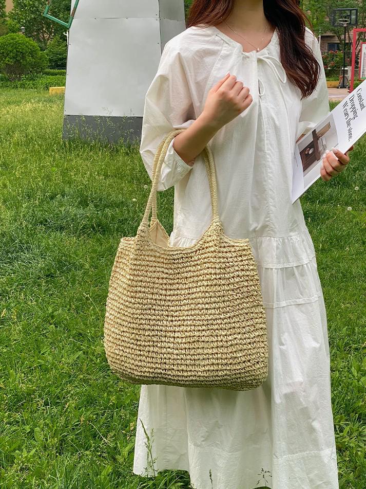 2026 Lazy Style Large Straw Woven Tote Bag for Beach Vacations