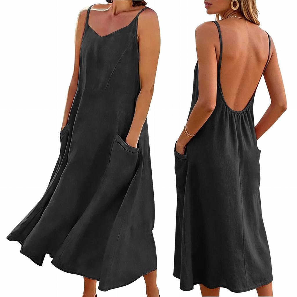 Women's Fashionable Casual -Color -Neck Backless Dress With Pockets
