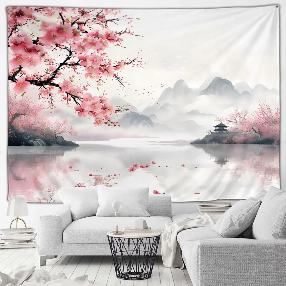 Japanese Landscape Tapestry Pink Cherry Blossom Flowers Misty Mountain Asian Scenery Home Living Room Bedroom Decor Wall Hanging