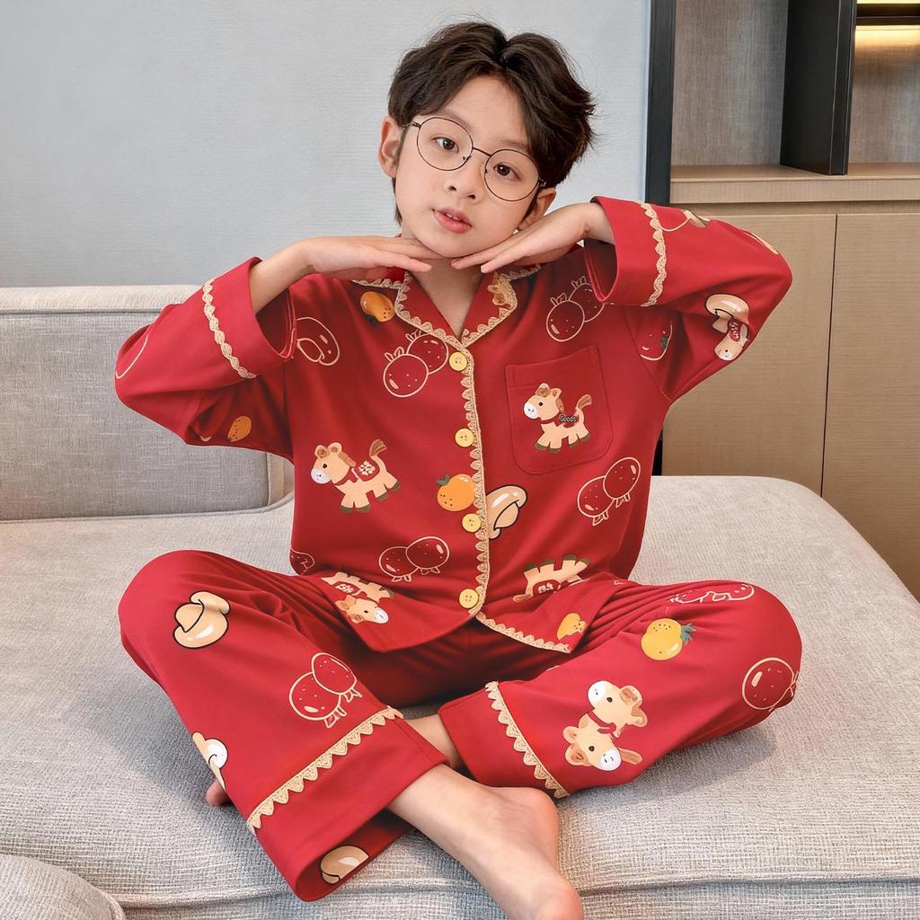 2026 Spring/Autumn New Red Pure Cotton Parent-Child Pajamas Set - Long Sleeve Cardigan with Lapel.