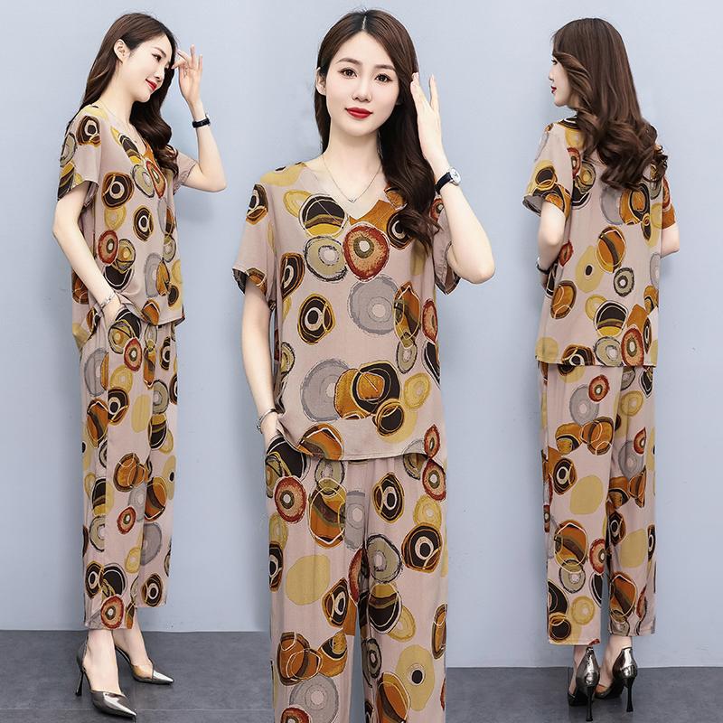 Sommeranzug für Frauen im mittleren Alter Neue elegante zweiteilige Sets Damen-Outfits Lose Vintage-Druck-Hosen-Set mit weitem Bein