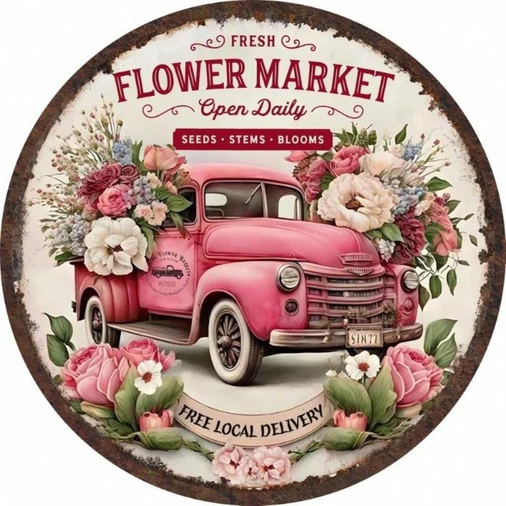 Retro Floral Market Truck Vintage Tin Wall Art