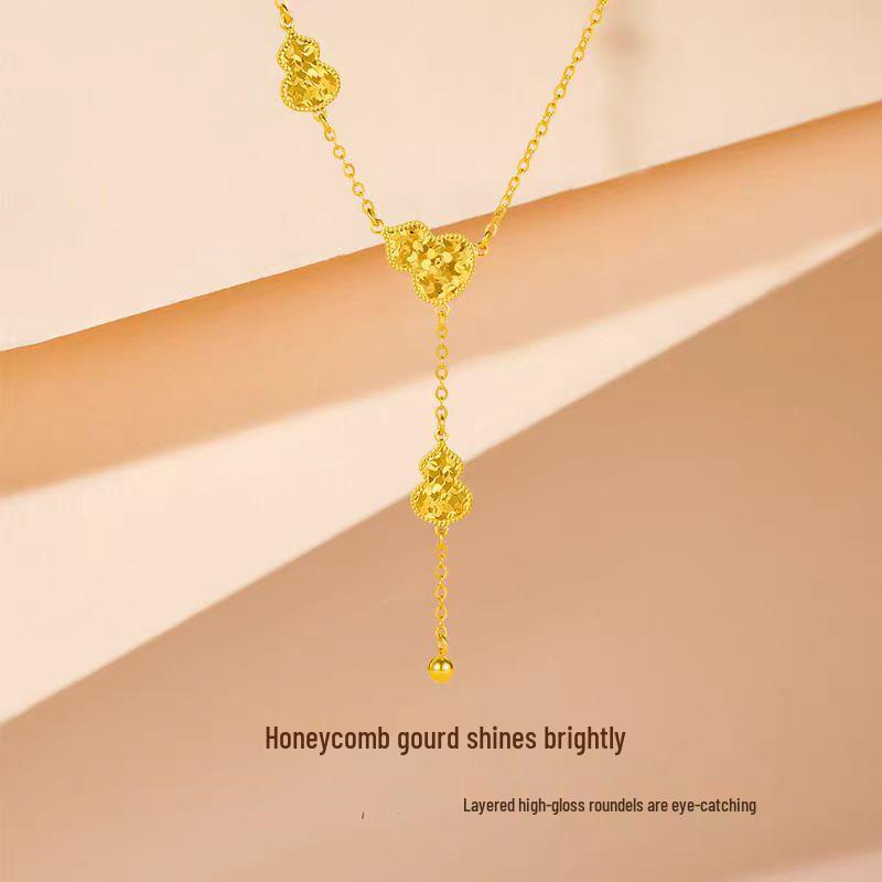 Golden CNC Double Fortune Gourd Jewelry Set: Crushed Ice Necklace, Bracelet, Double-Sided Pendant