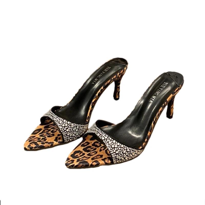 Fashion Leopard High Heels Slippers Crystal Women's Heeled Sandals Elegant Shoes 2025 Pumps Designer Luxury Party Sandalias De Mujer