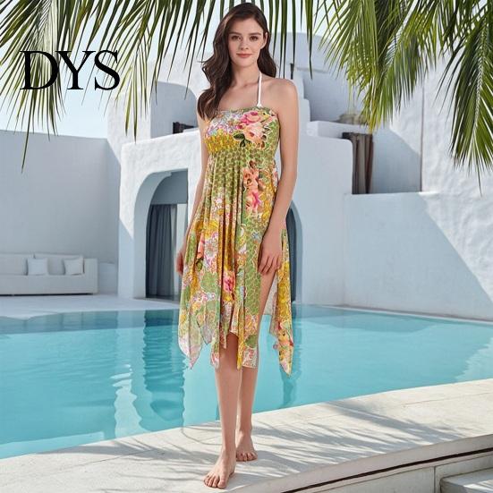 Resort Wear Cover Up Dress Slit Irregular Hem Feather Print Beach Multiway Skirt Breathable Lightweight Sun-Resistant Quick-Drying Swimwear Outerwear