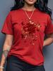 Women's Casual Sports T-Shirt Floral Red Rose and Butterfly Print T-Shirt Casual Round Neck Short Sleeve Daisy Shirt Floral Tee