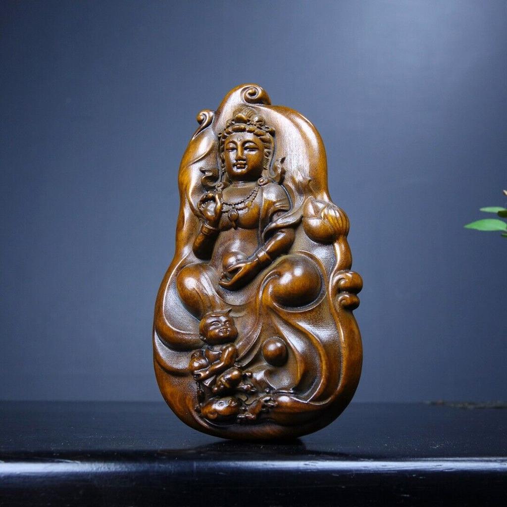 Chinesischer Buchsbaum Holz geschnitzt Exquisite beidseitige Kwan-Yin Statue Geschenk Kunst