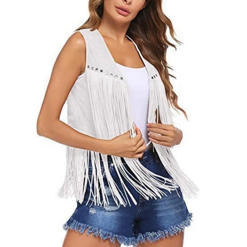 Women Sleeveless Fringed Jacket Buttonless Cardigan Vest
