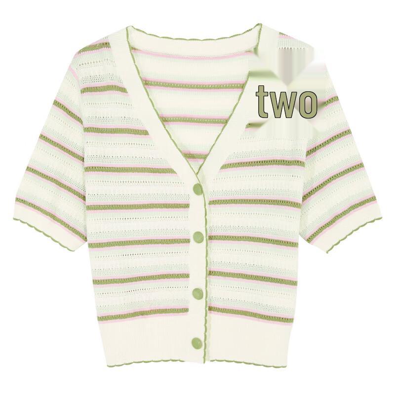 Women's Hollow Striped V-Neck Knit Short Sleeve Cardigan