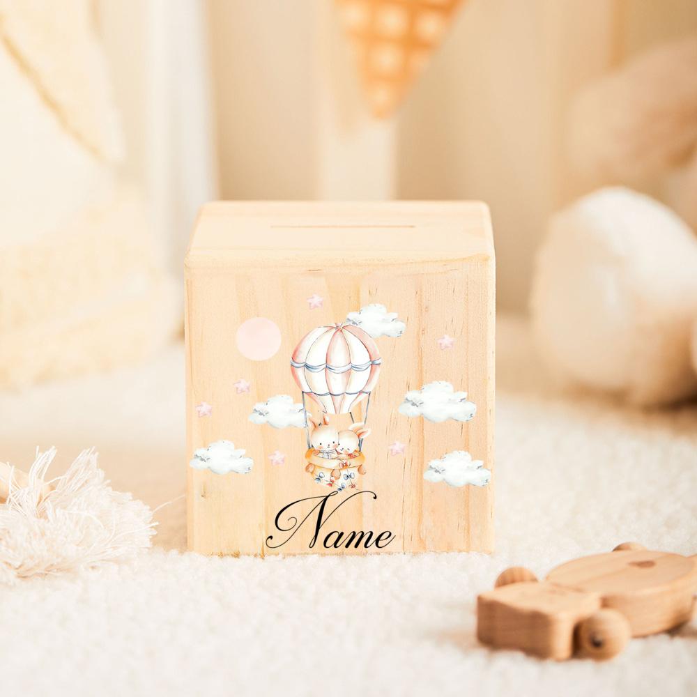 Customized name wooden piggy bank animal with hot air balloon pattern piggy bank personalized antique style gift