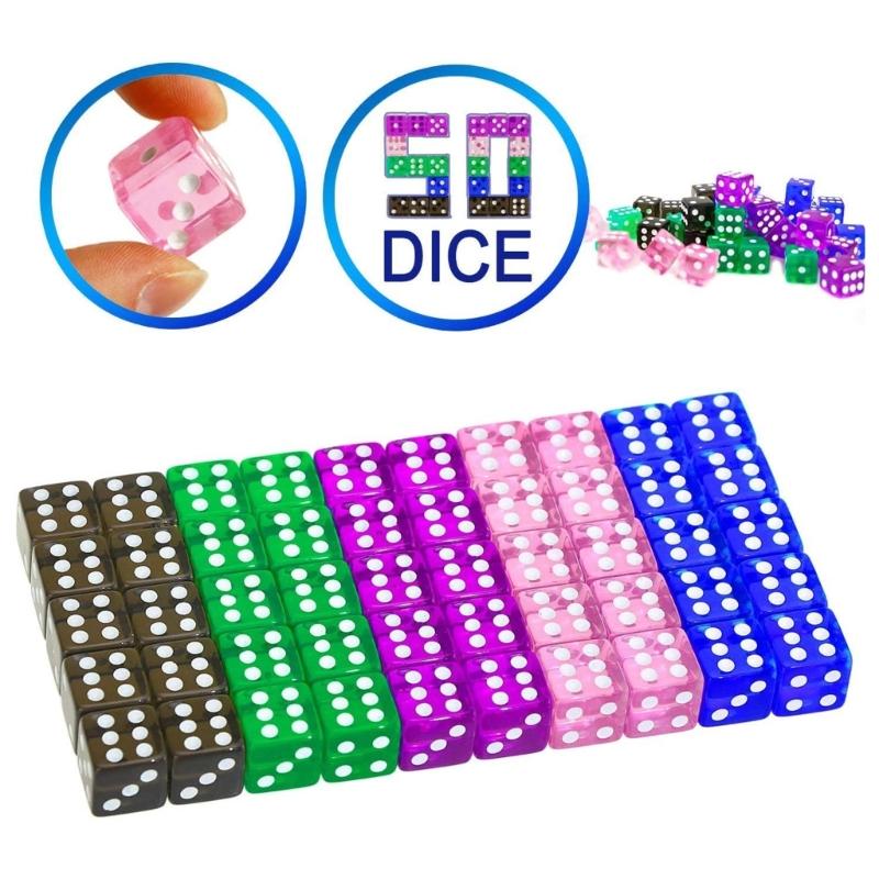 50 Pcs Six Sided Dot Dice 16mm Colored Dice with Drawstring Bag Learning Resource Game Dice for Dice Game Math Teaching