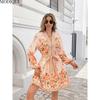 MODIQUE 2025 Summer Plus Size New Women's Casual Sexy Floral Printing Waist Flowing Belt Short Dress Ladies A-Line Hot Lantern Sleeve V-Neck Dress