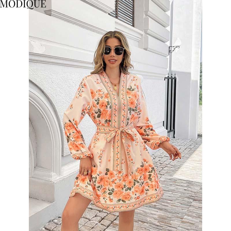 MODIQUE 2025 Summer Plus Size New Women's Casual Sexy Floral Printing Waist Flowing Belt Short Dress Ladies A-Line Hot Lantern Sleeve V-Neck Dress