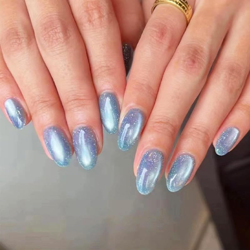 Кокетливые синие накладные ногти «кошачий глаз» - 24 шт. Блестящие акриловые накладные ногти «кошачий глаз», средние овальные, глянцевые, гель-клей в комплекте Design D