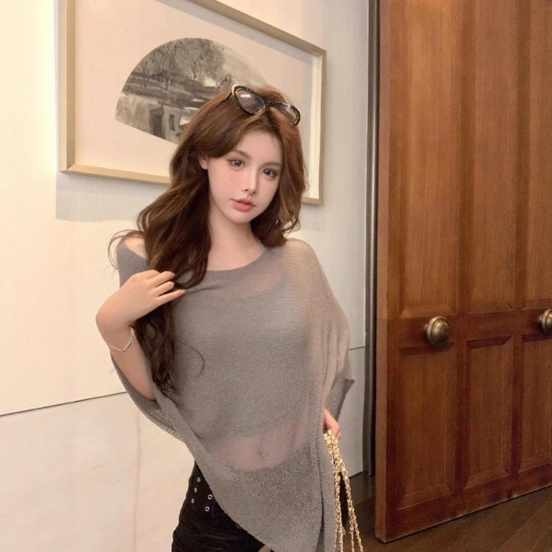 Vintage gray thin sexy slanted shoulder sleeveless knitted sweater women's summer loose irregular cape blouse top