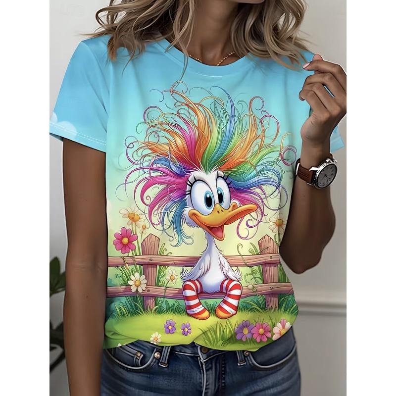 

Women s Cartoon Animal Graphic Print T-Shirt Crew Neck Short Sleeve Stylish Classic Casual Regular Tops Daily Wear for Summer L